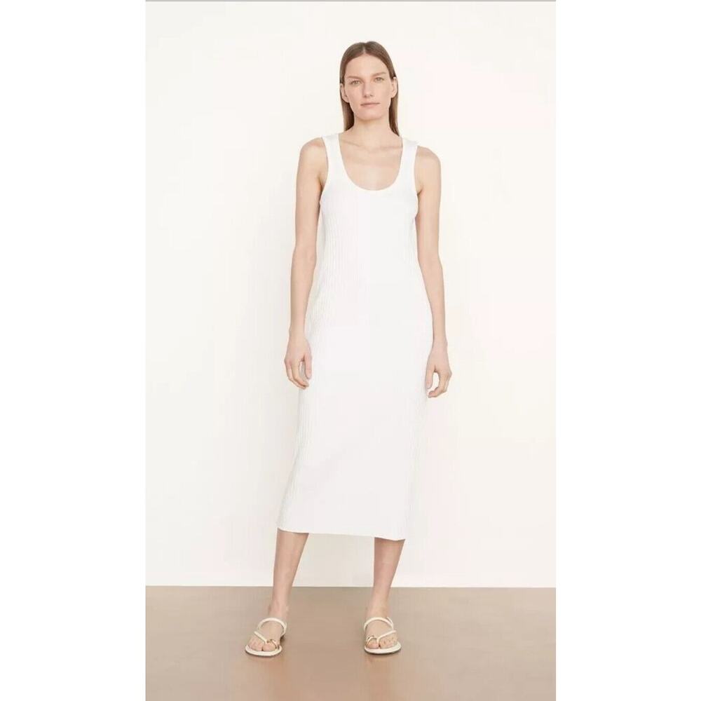 VINCE Women's Large White Ribbed Scoop Neck Stretch Knit Tank Midi Dress NWT